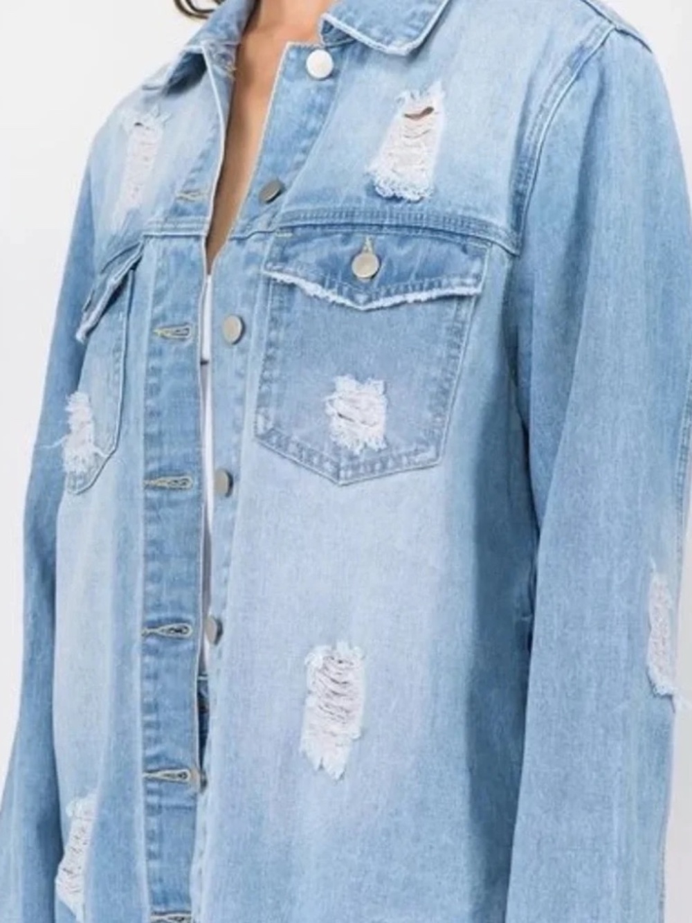 NWT Parker Jeans Relaxed Fit Denim Shirt Light Blue Distressed Denim Jacket M - Picture 4 of 4